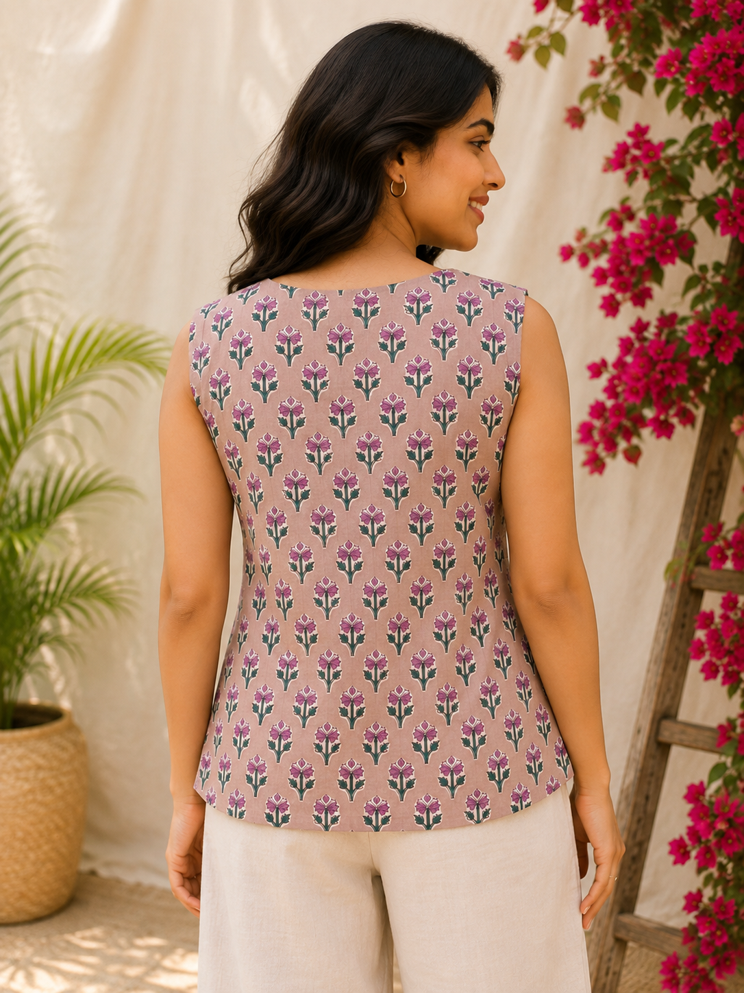 Brown Pink Hand Block Printed Sleeveless Top with Pintuck
