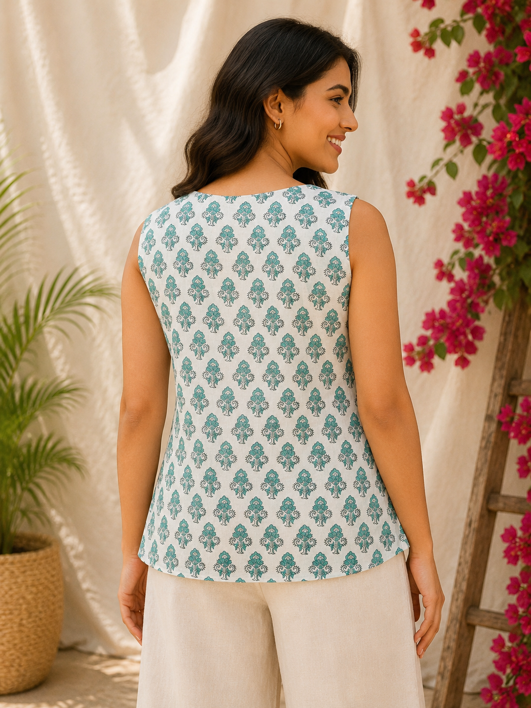 White Green Hand Block Printed Sleeveless Top with Pintuck