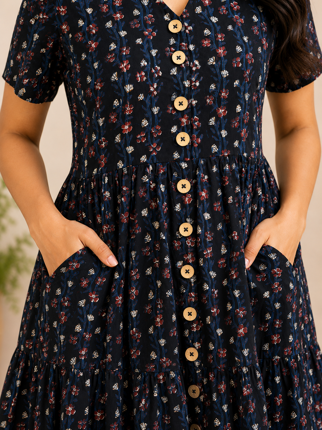 Raatrani Hand Block Printed Knee Length Tiered Button Down Dress
