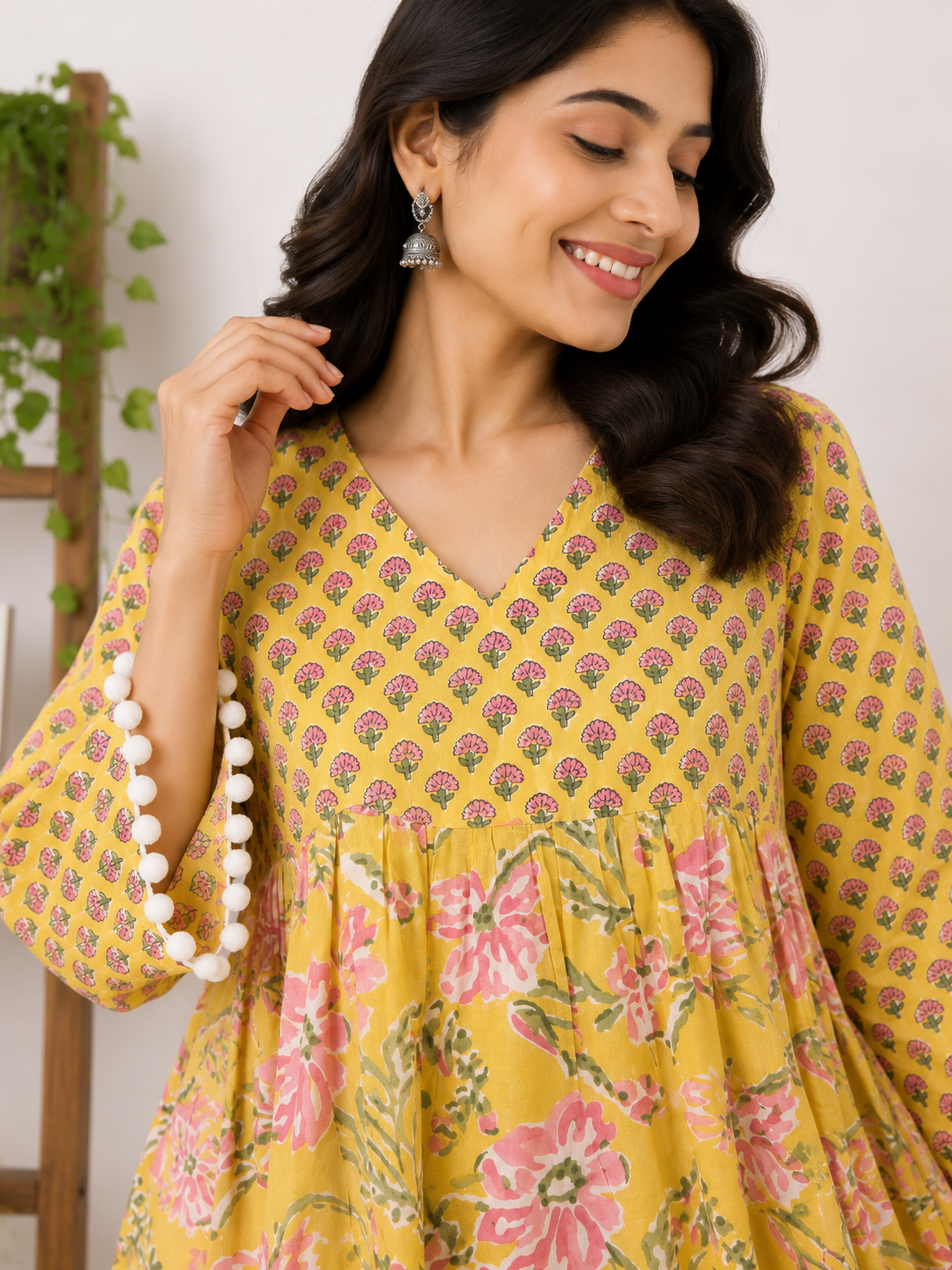 Feroza Hand Block Printed Comfort Fit Flared Dress with Pompom