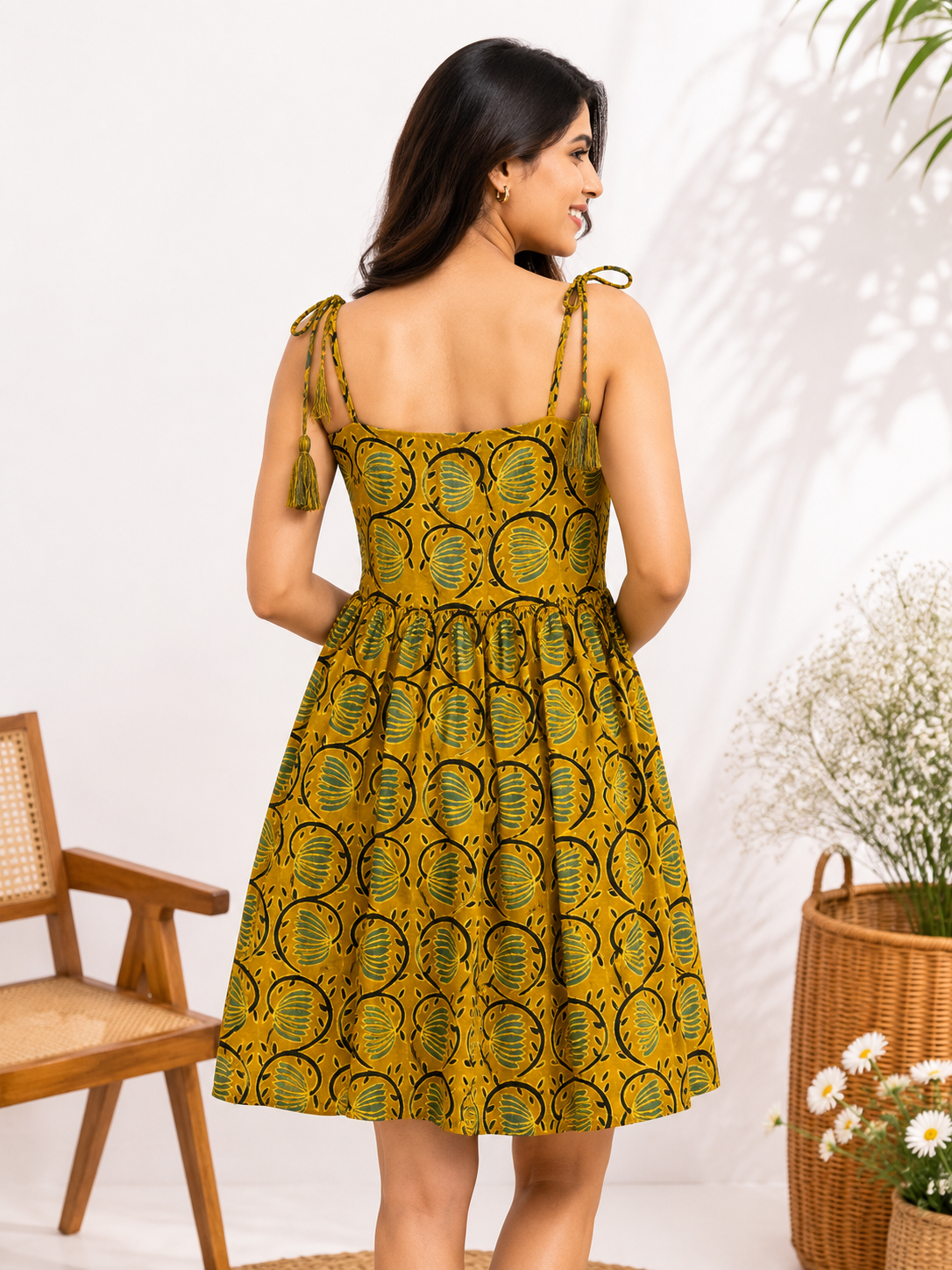 Samaira Hand Block Printed Knee Length Dress with Shoulder Tie