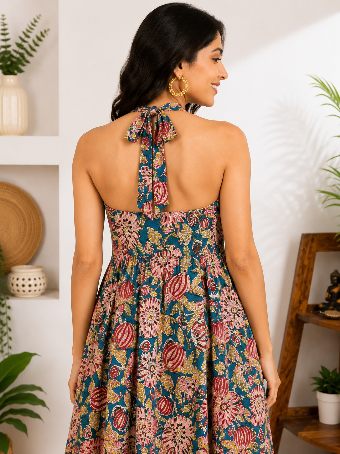 Aarzu Hand Block Printed Halter Neck Midi Dress