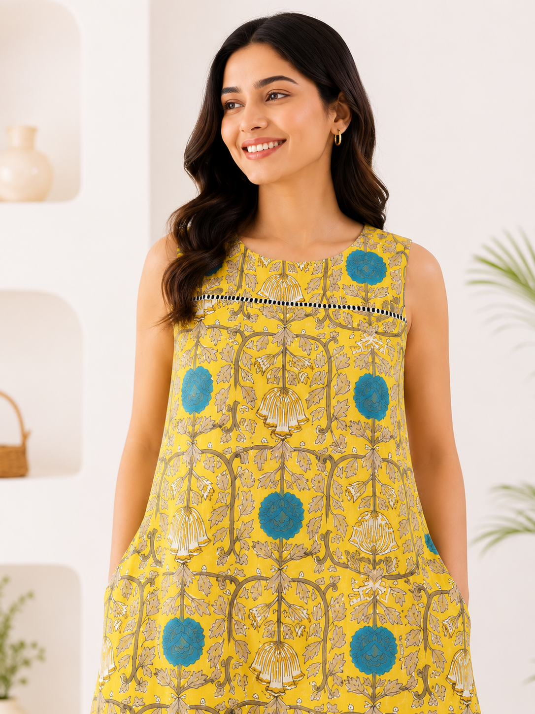 Amaltas Hand Block Printed Midi Dress with Lace Detailing