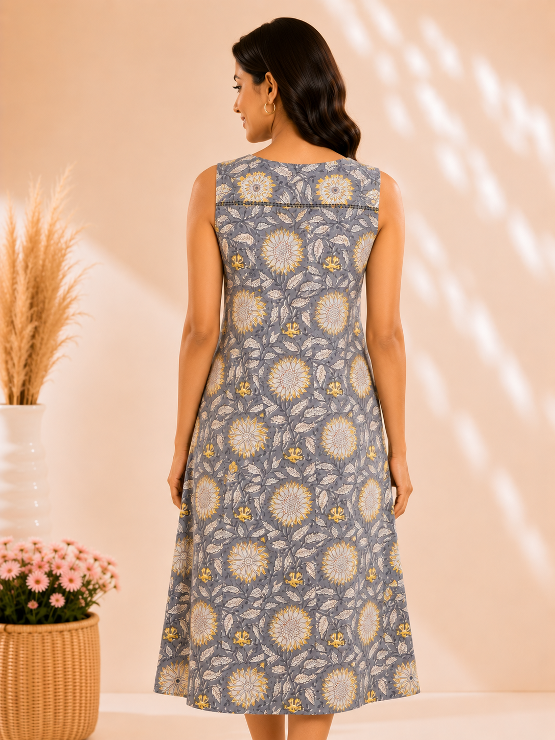 Sunflower Haze Hand Block Printed Midi Dress with Lace Detailing