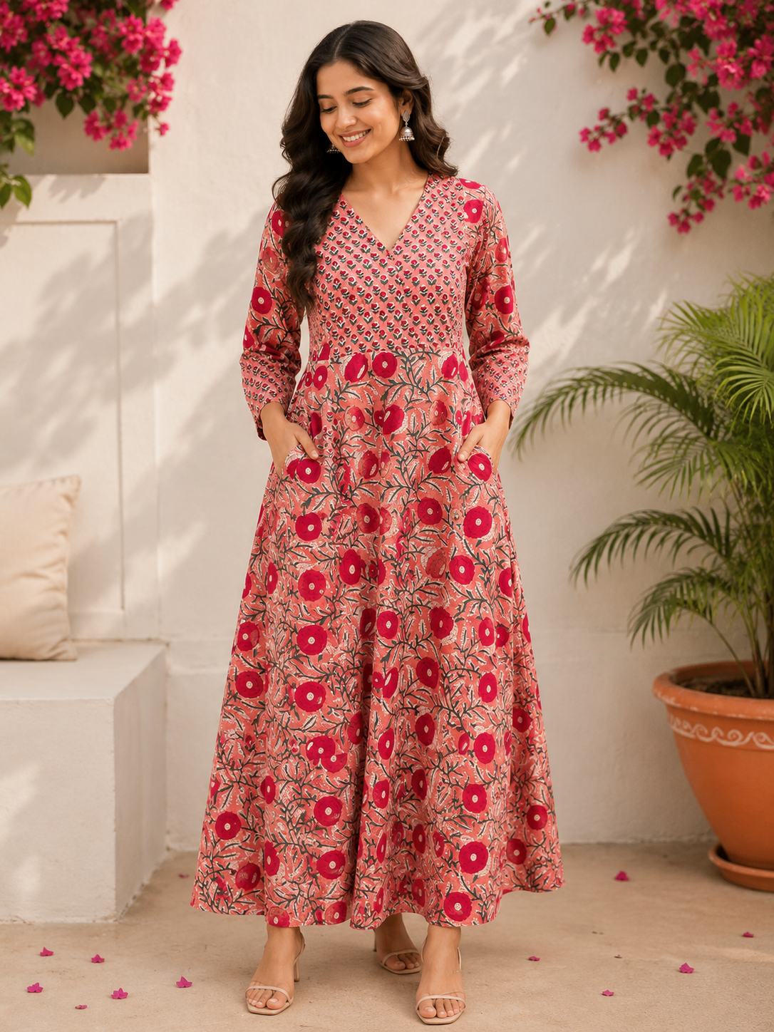 Saroj Hand Block Printed A Line Maxi Patch Dress