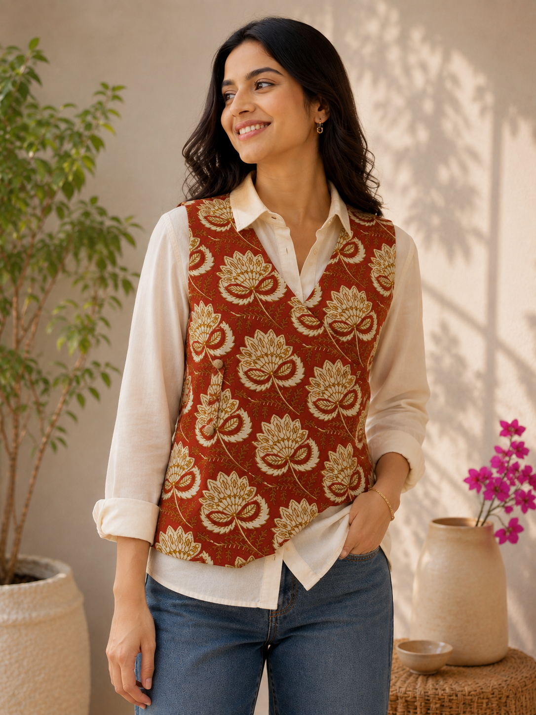 Red Brown Hand Block Printed Reversible Waistcoat