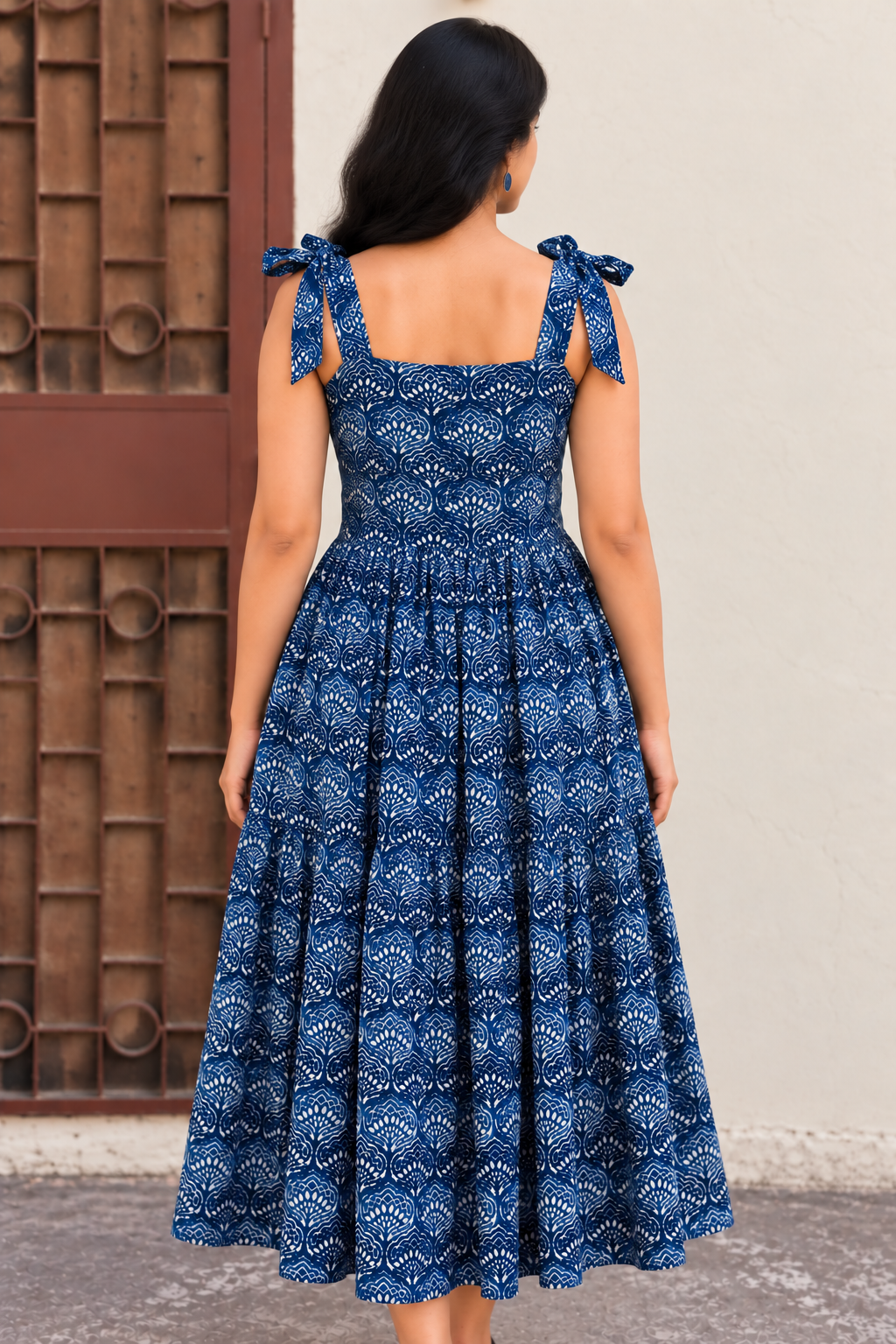 Leher Hand Block Printed Tiered Midi Dress with Tie Knot Sleeves