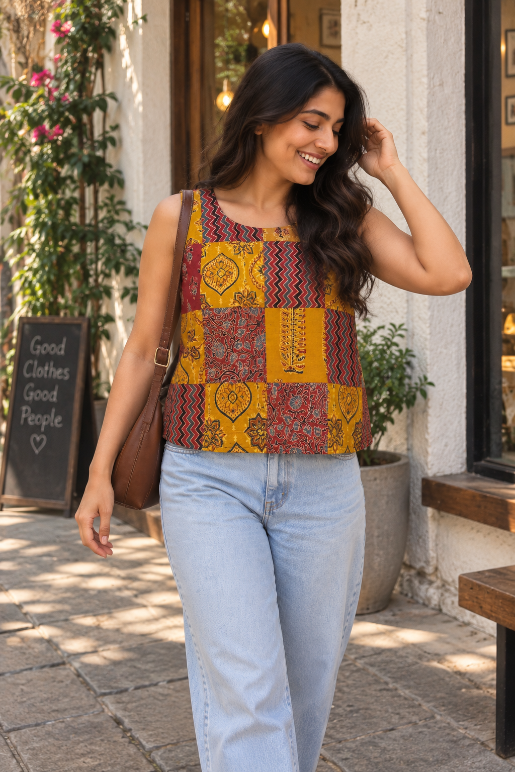 Ajrakh Yellow Red Patch Work Sleeveless Crop Top