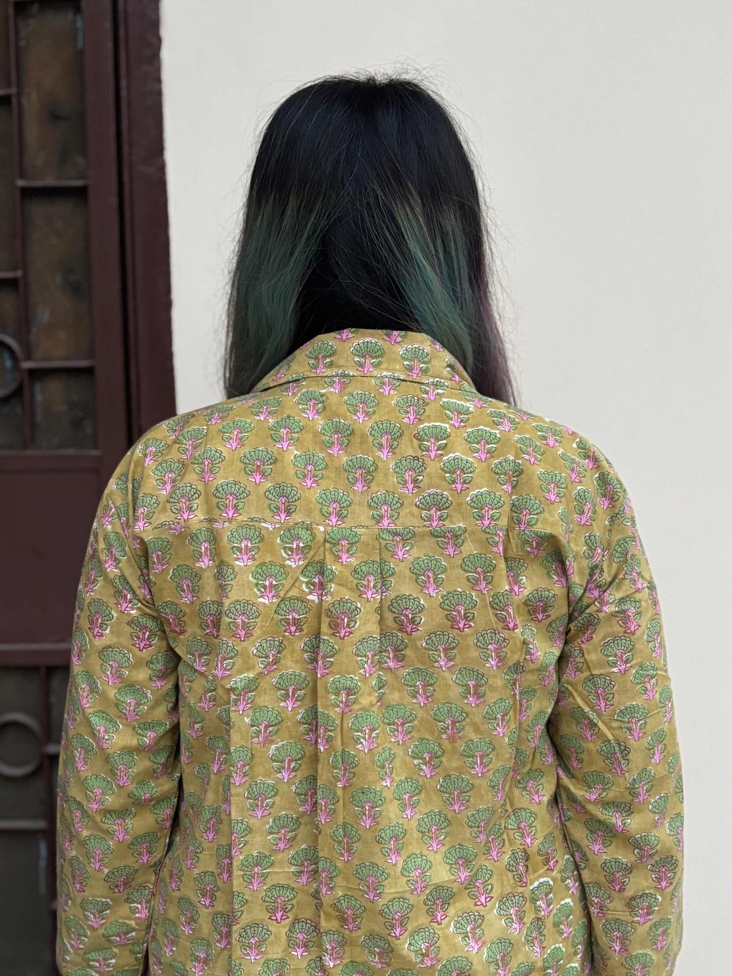 Green Pink Hand Block Printed A Line Relaxed Fit Collar Top