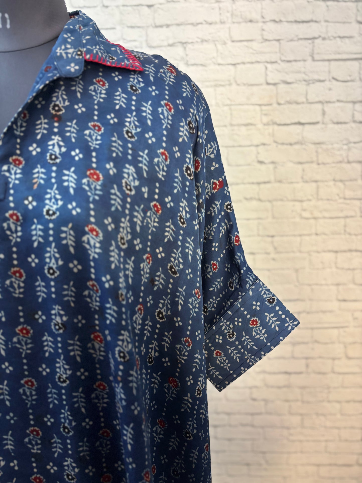 Indigo Red Flower Modal Silk Ajrakh Kaftan Top
