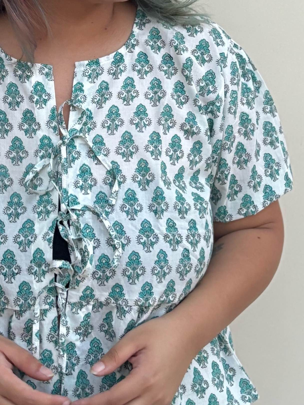 White Green Hand Block Printed Front Tie Top with Sleeves