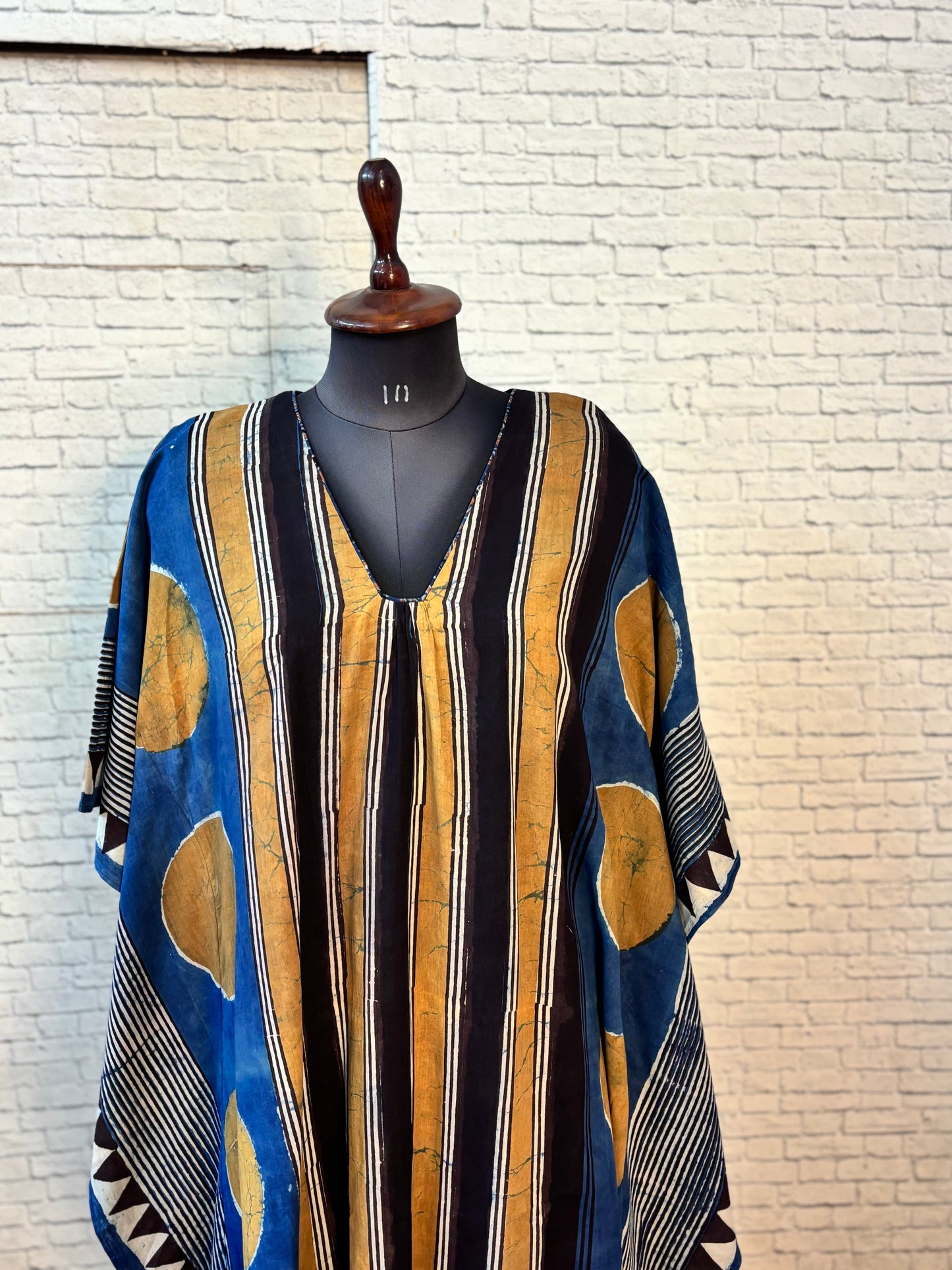 Indigo Mustard Ajrakh Long Kaftan with Gather and Tassels