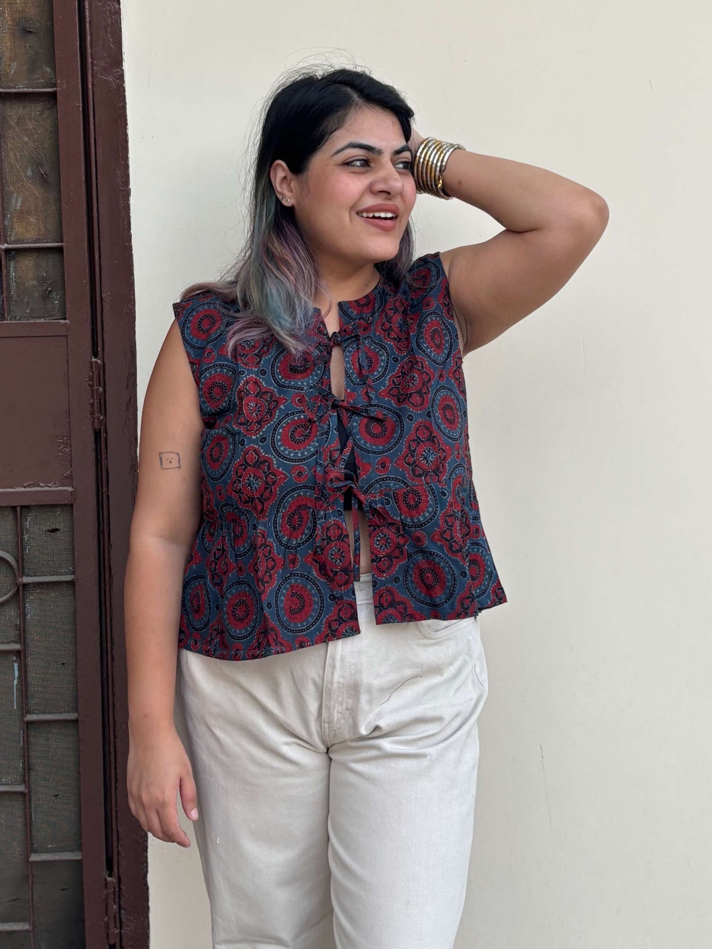 Indigo Red Ajrakh Hand Block Printed Front Tie Sleeveless Top