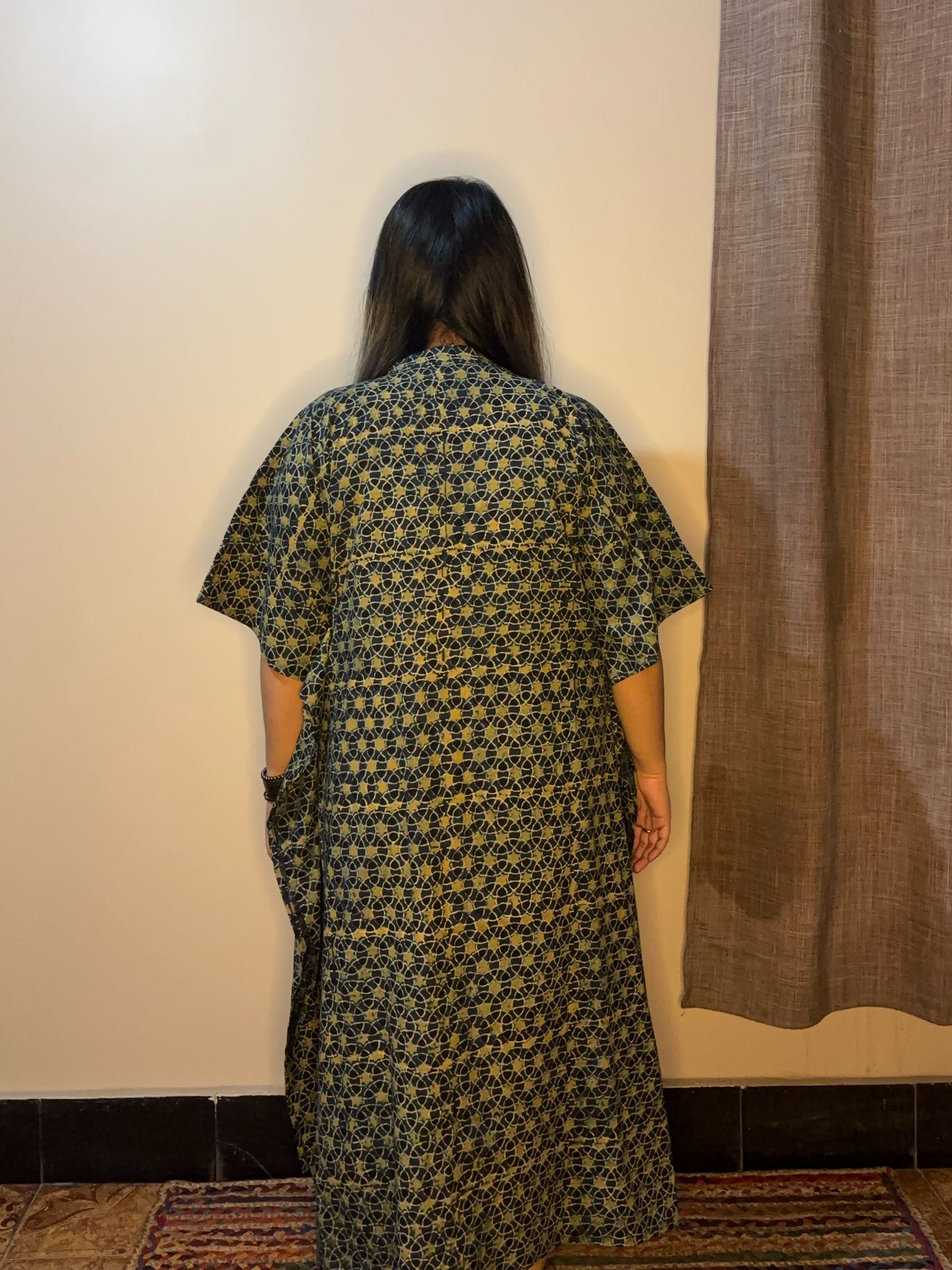 Indigo Green High Low Ajrakh Midi Cotton Shirt Kaftan