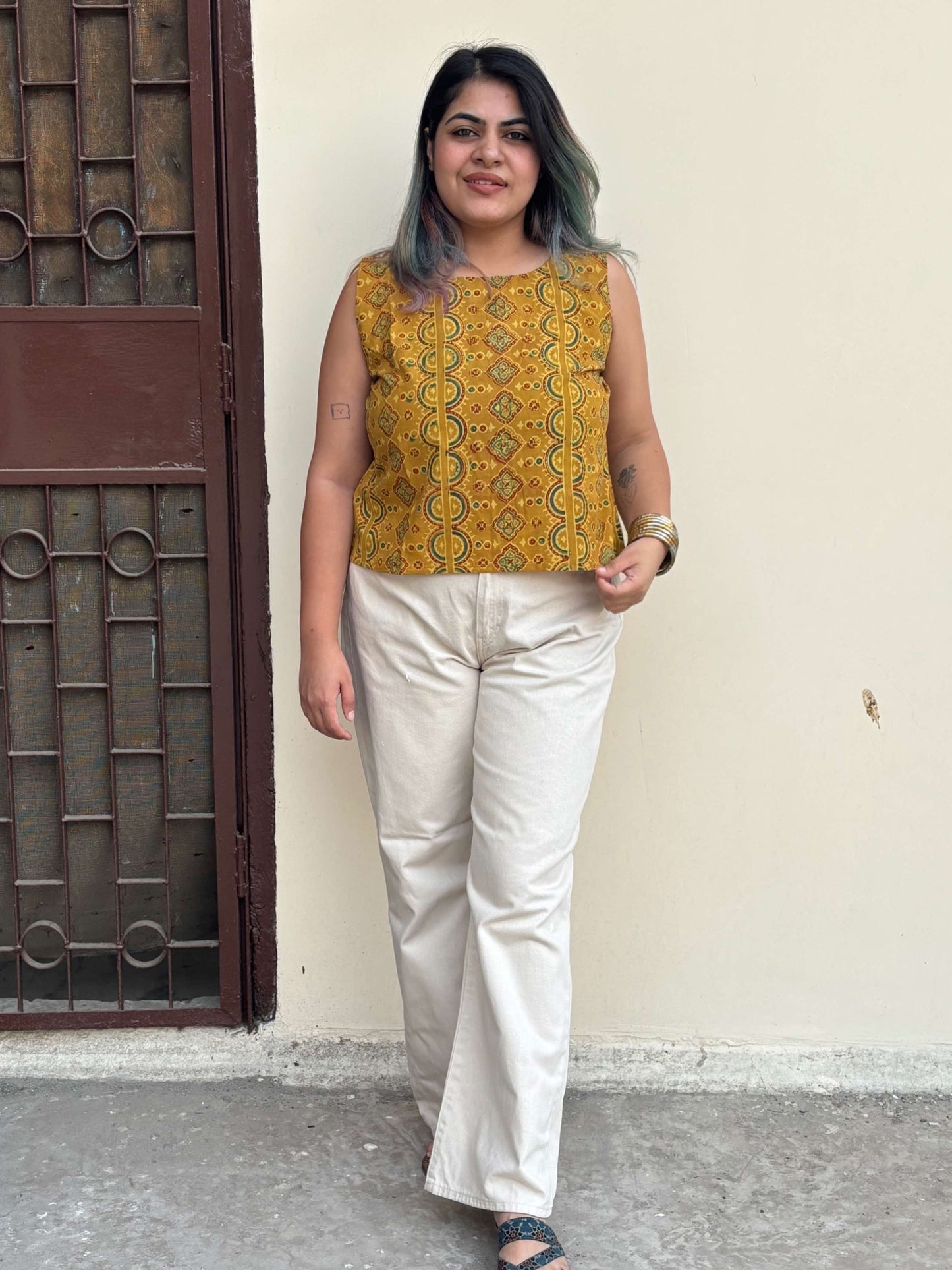 Yellow Ajrakh Hand Block Printed Sleeveless Crop Top