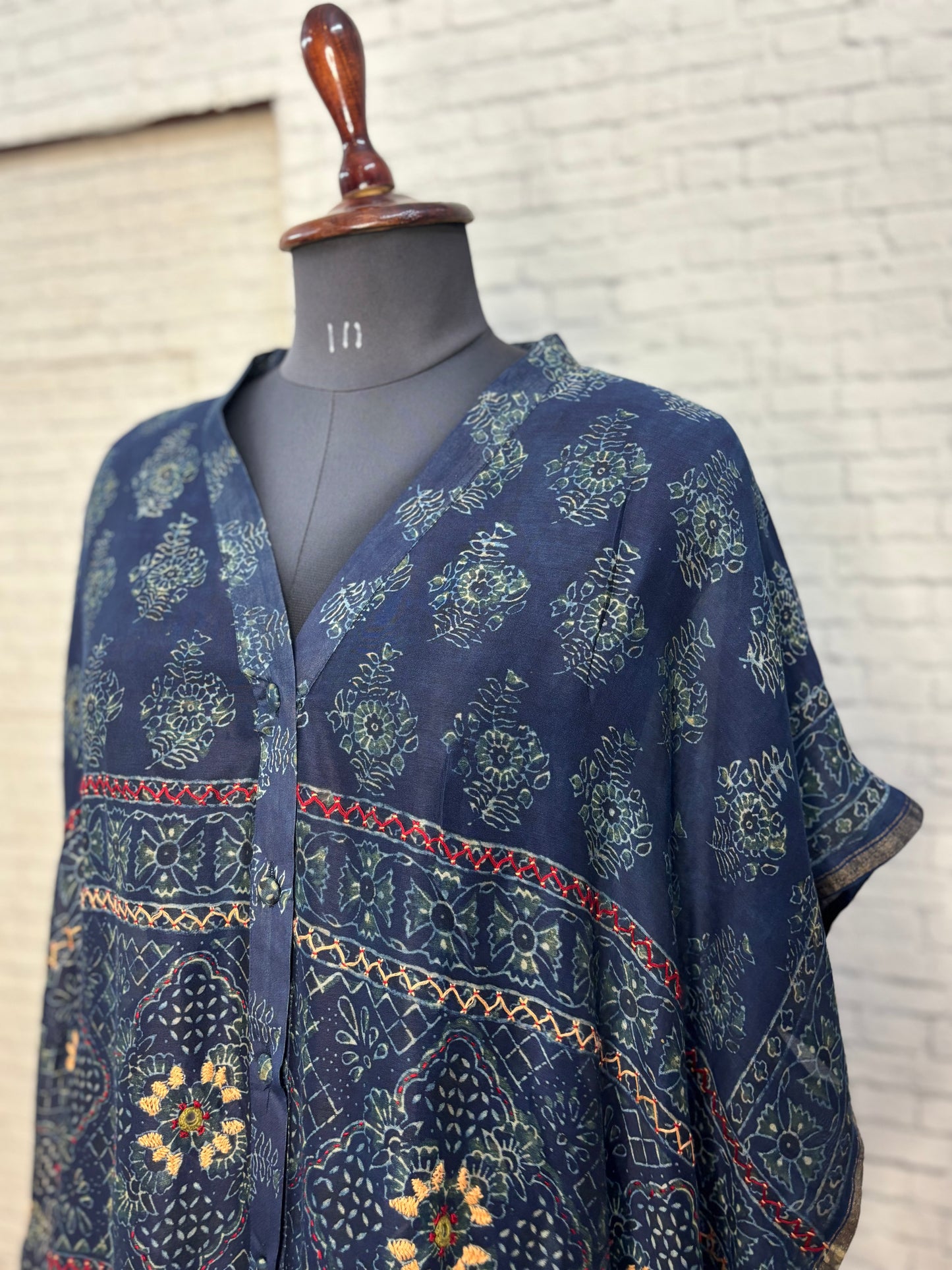 Indigo Green Ajrakh Chanderi Shirt Kaftan with Hand Embroidery