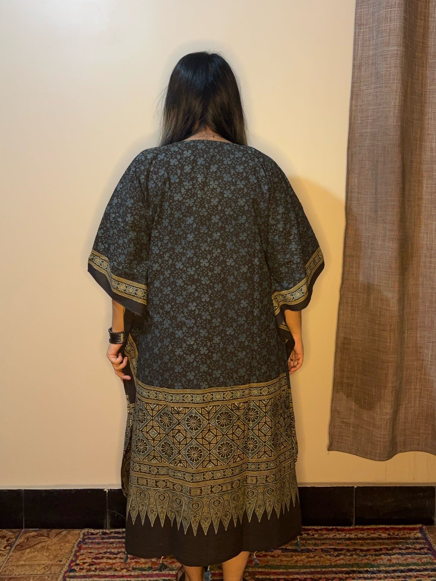 Black Olive Green Ajrakh Long Kaftan with Gather and Tassels