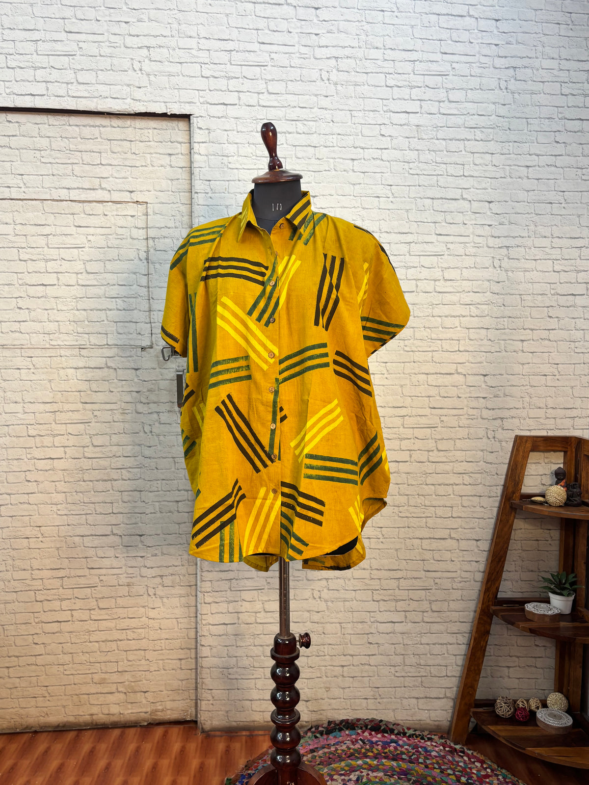 Yellow Ajrakh Hand Block Printed Cotton High Low Shirt Kaftan