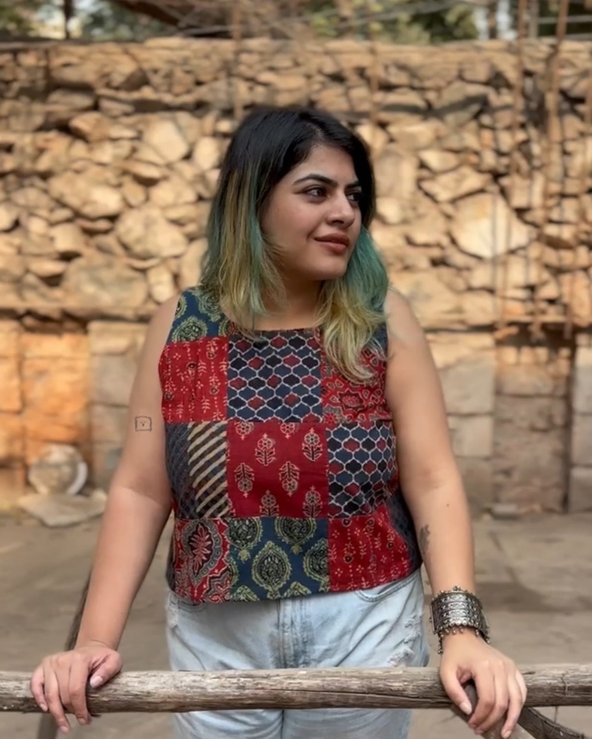 Ajrakh Indigo Red Patch Work Sleeveless Crop Top