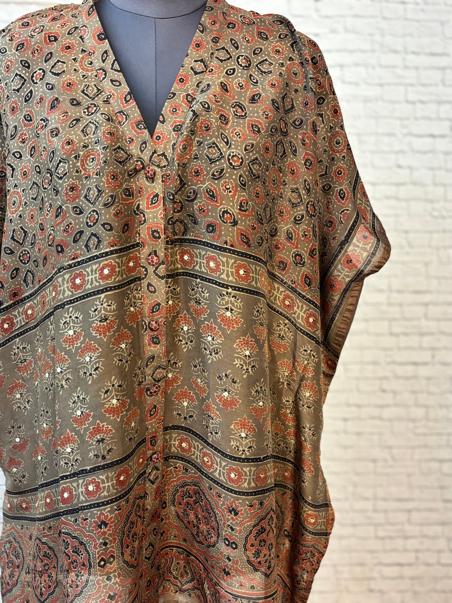 Brown Orange Ajrakh Chanderi Shirt Kaftan with Sequin Detailing