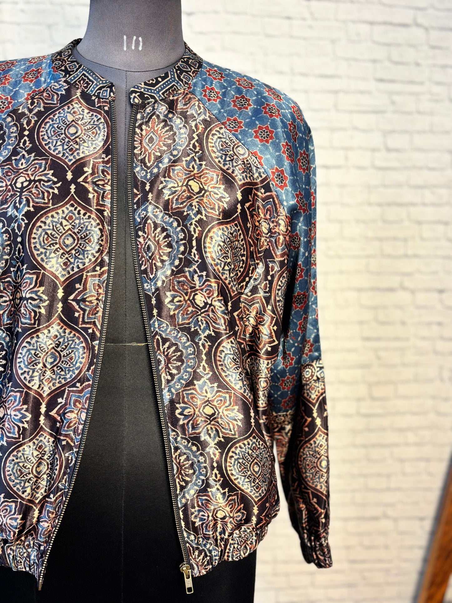 Black Indigo Mashru Silk Ajrakh Unisex Bomber Jacket