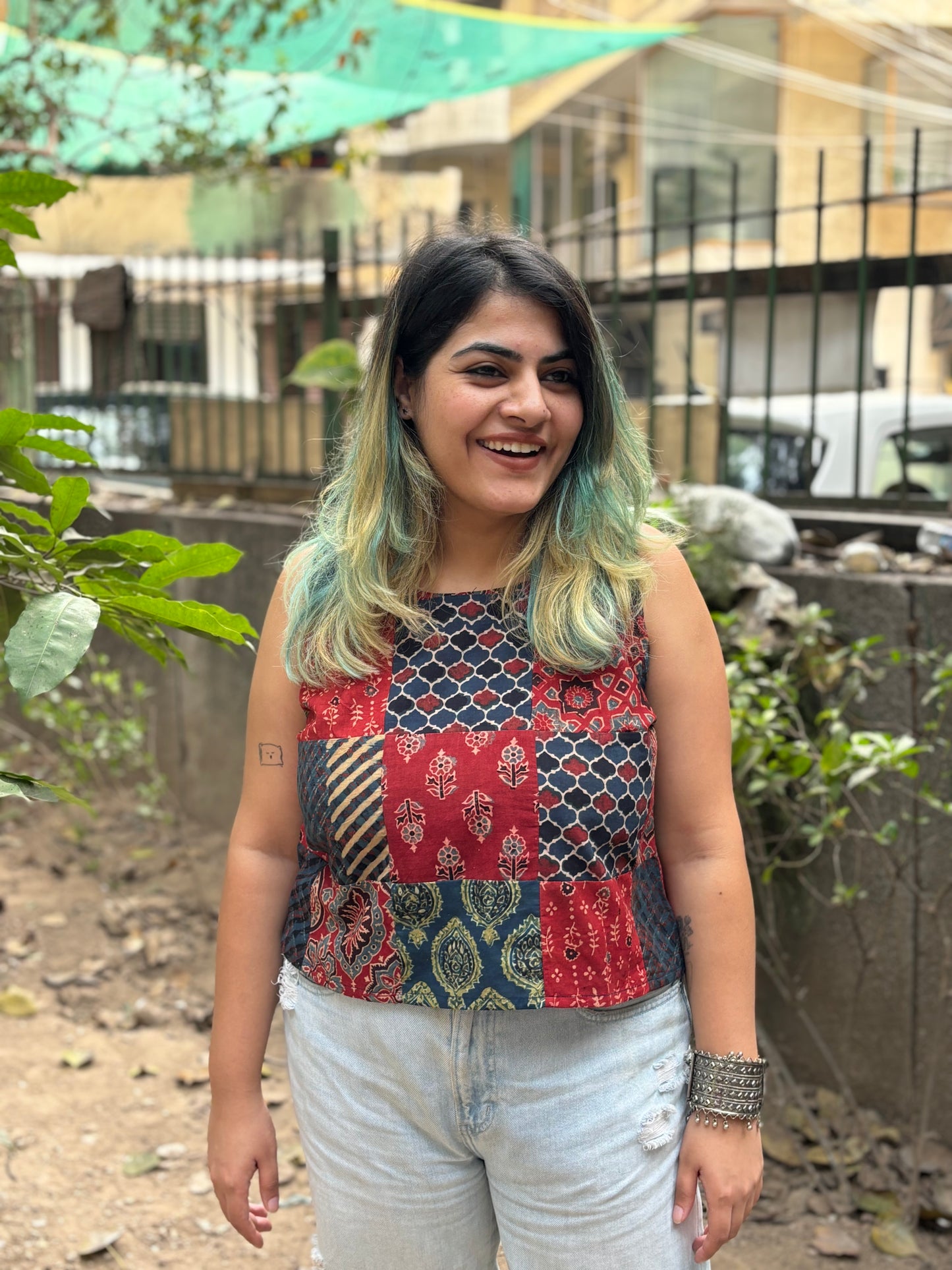 Ajrakh Indigo Red Patch Work Sleeveless Crop Top