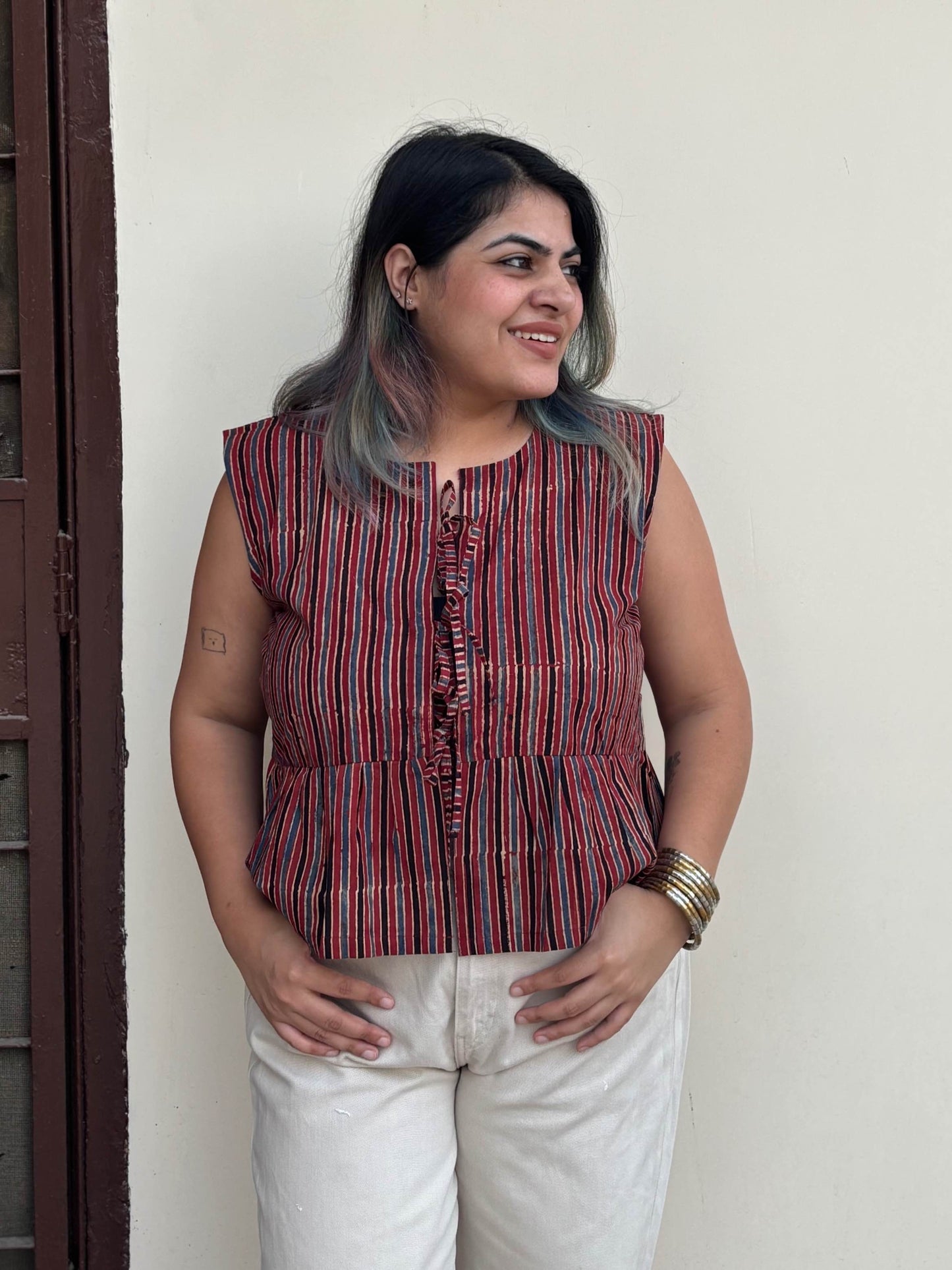 Red Stripes Ajrakh Hand Block Printed Front Tie Sleeveless Top