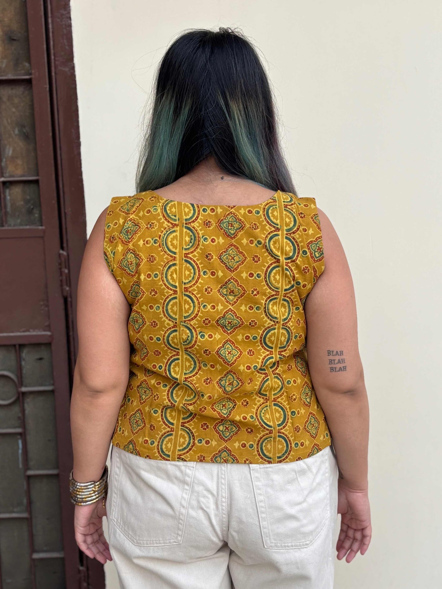 Yellow Ajrakh Hand Block Printed Sleeveless Crop Top