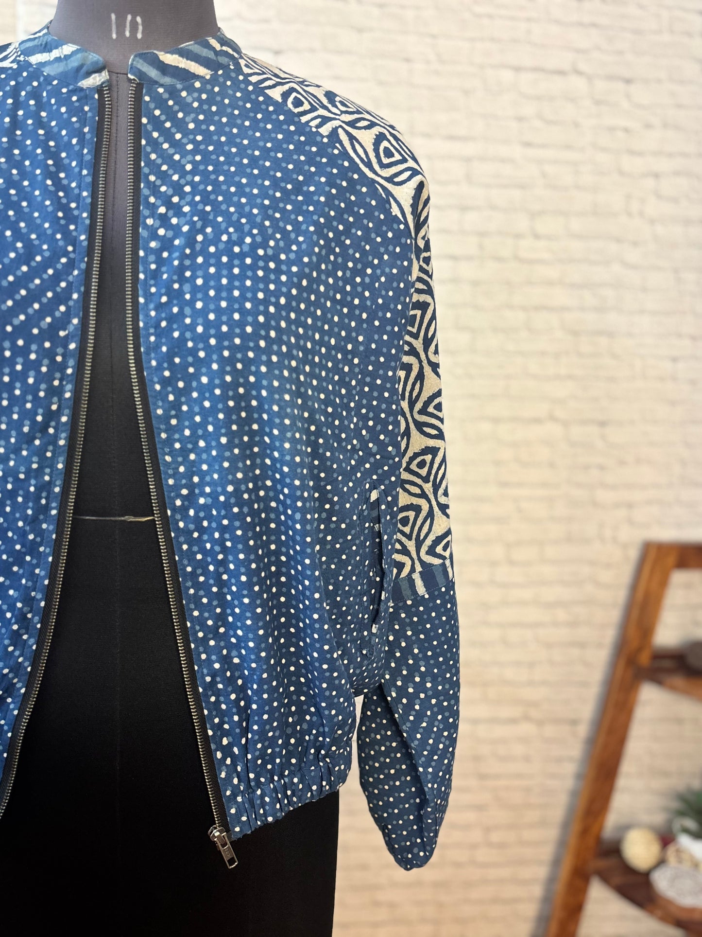 Indigo Dots Hand Block Printed Unisex Bomber Jacket