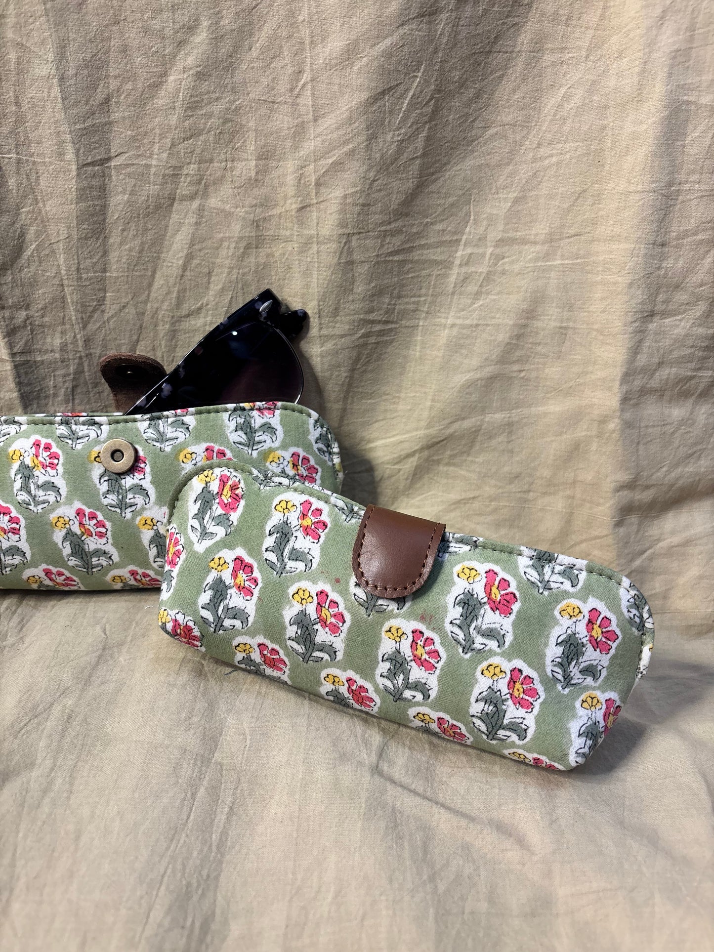 Green Floral Hand Block Print Eyewear Case