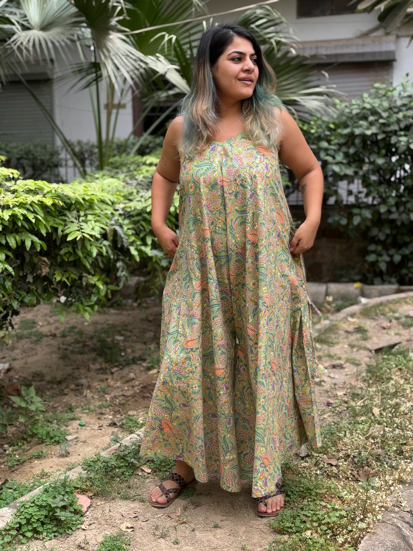 Aangan Hand Block Printed Floral Flared Jumpsuit