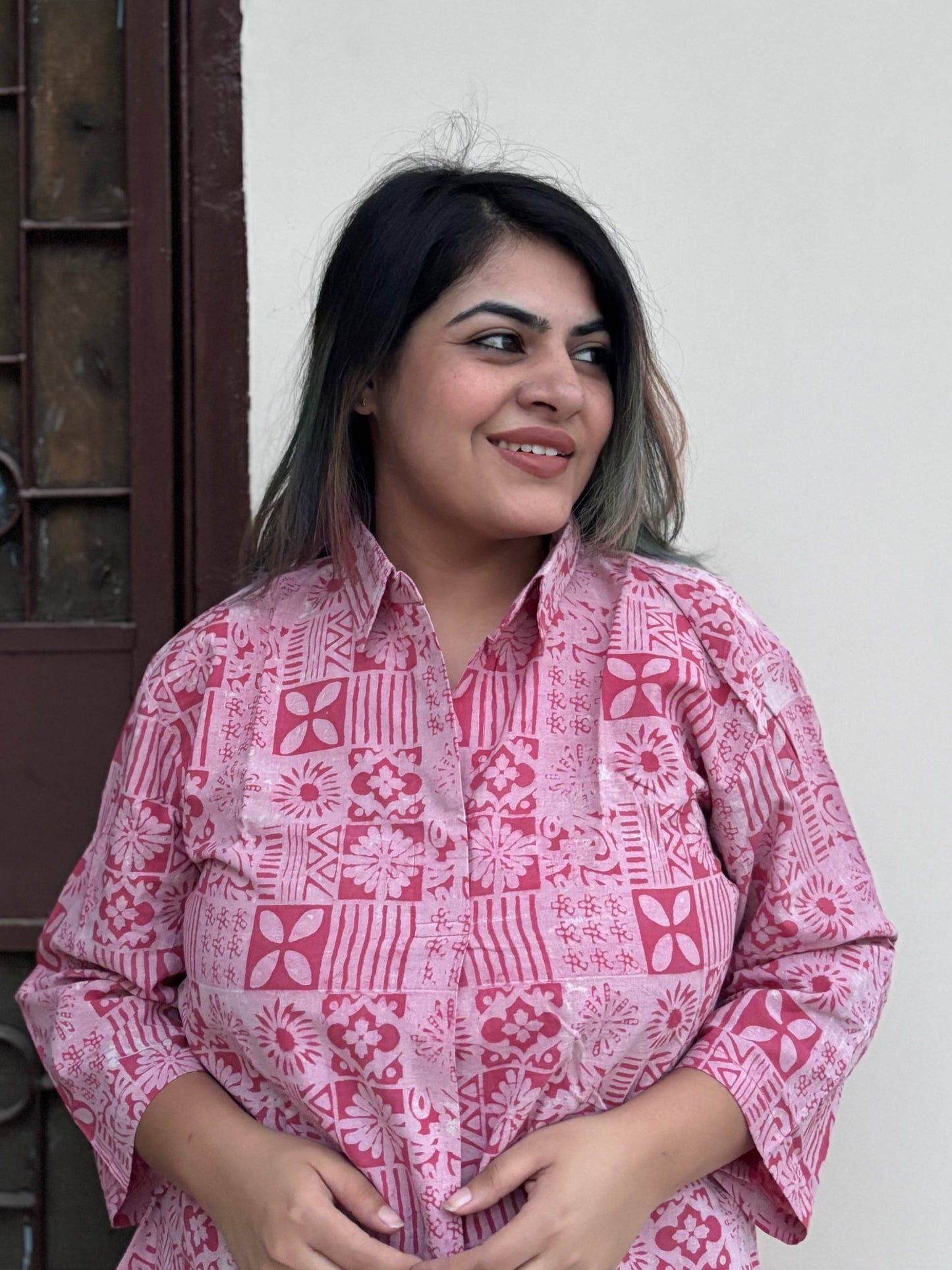 Pink Tiles A Line Relaxed Fit Collar Top