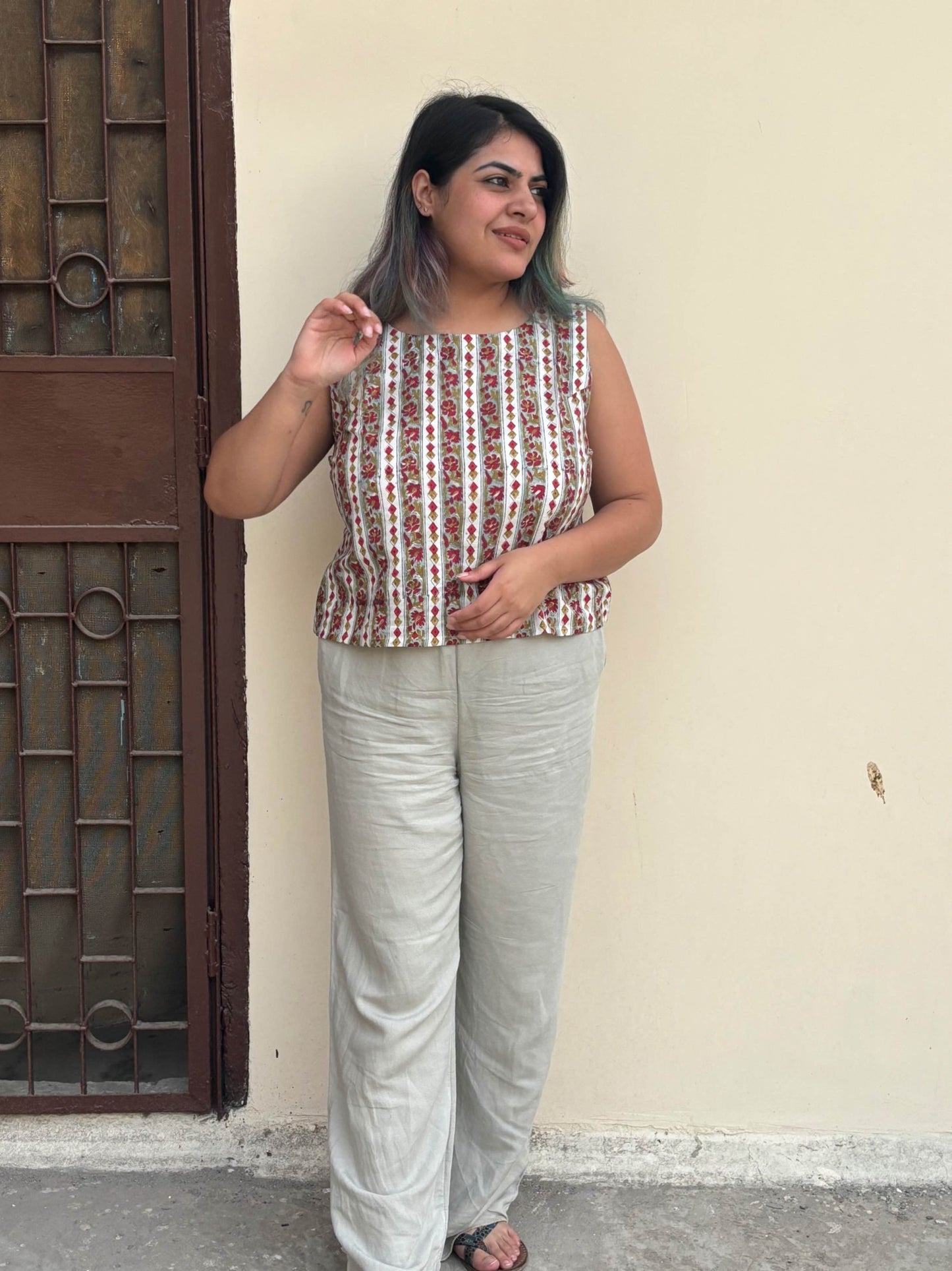 Green Red Hand Block Printed Sleeveless Crop Top