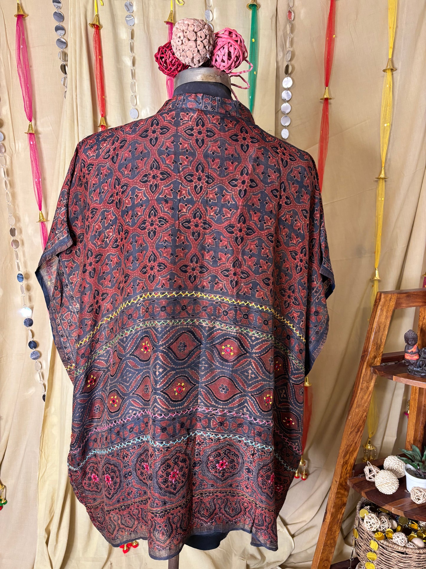 Indigo Red Ajrakh Chanderi Shirt Kaftan with Hand Embroidery
