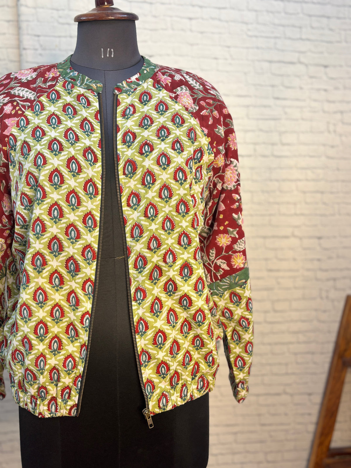 Green Red Hand Block Printed Unisex Bomber Jacket