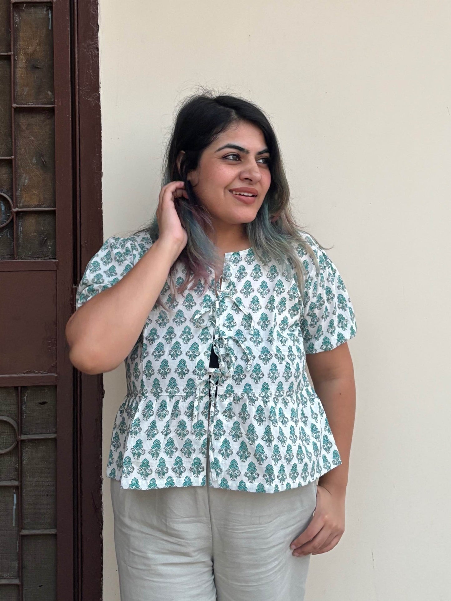 White Green Hand Block Printed Front Tie Top with Sleeves