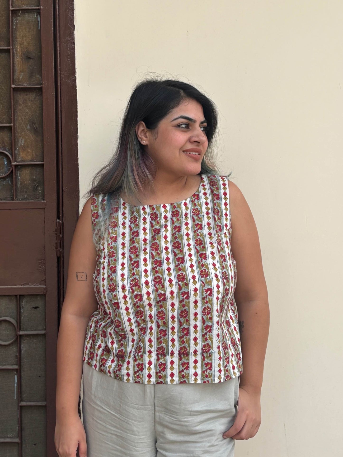 Green Red Hand Block Printed Sleeveless Crop Top