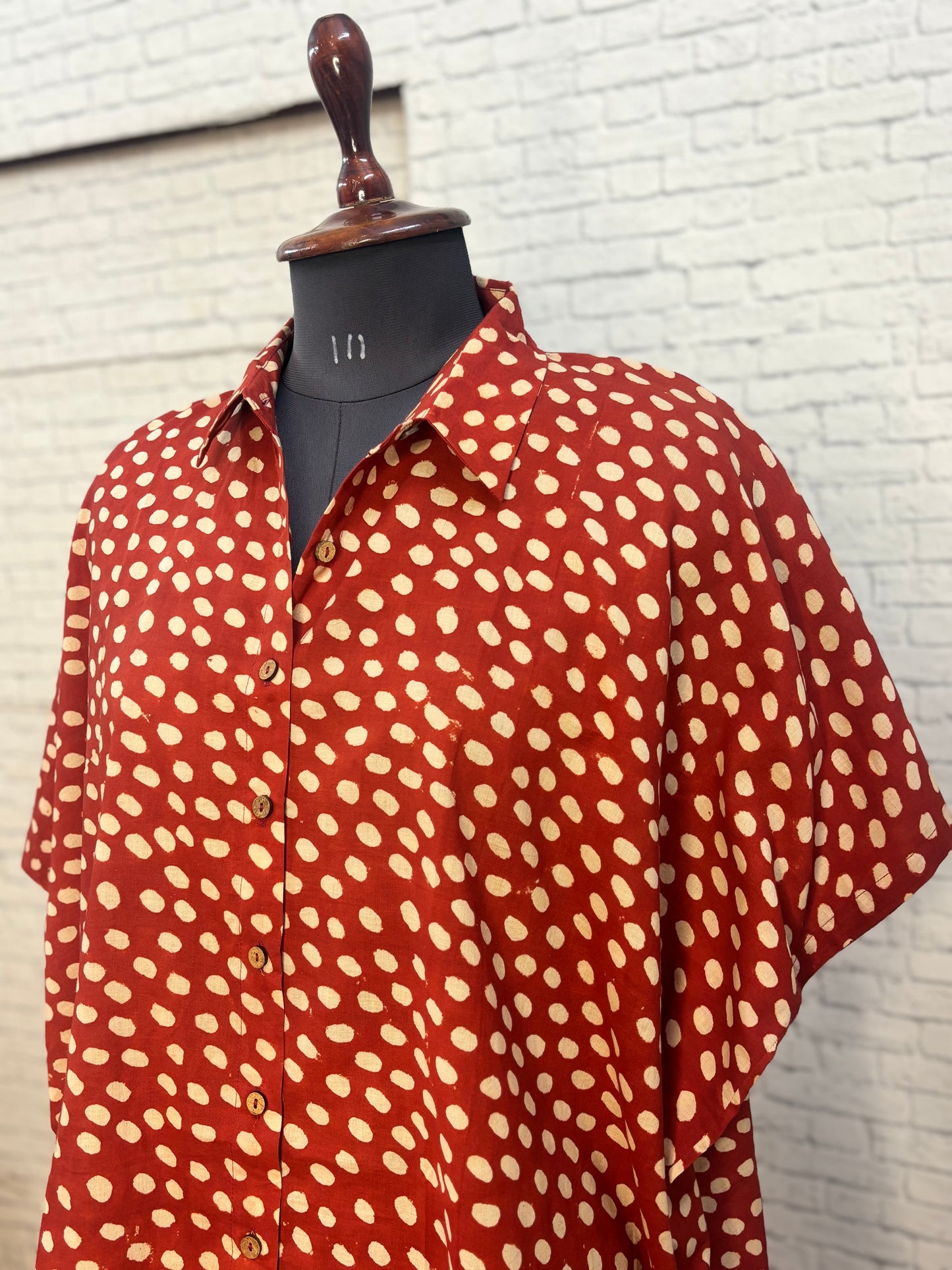 Red Polka Dot Cotton High Low Shirt Kaftan