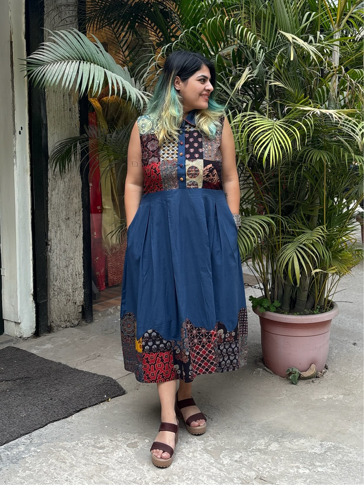 Ajrakh Patchwork and Indigo Sleeveless Midi Dress