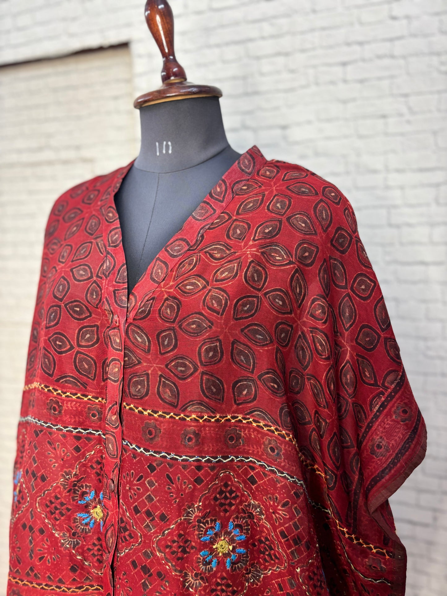 Red Ajrakh Chanderi Shirt Kaftan with Hand Embroidery
