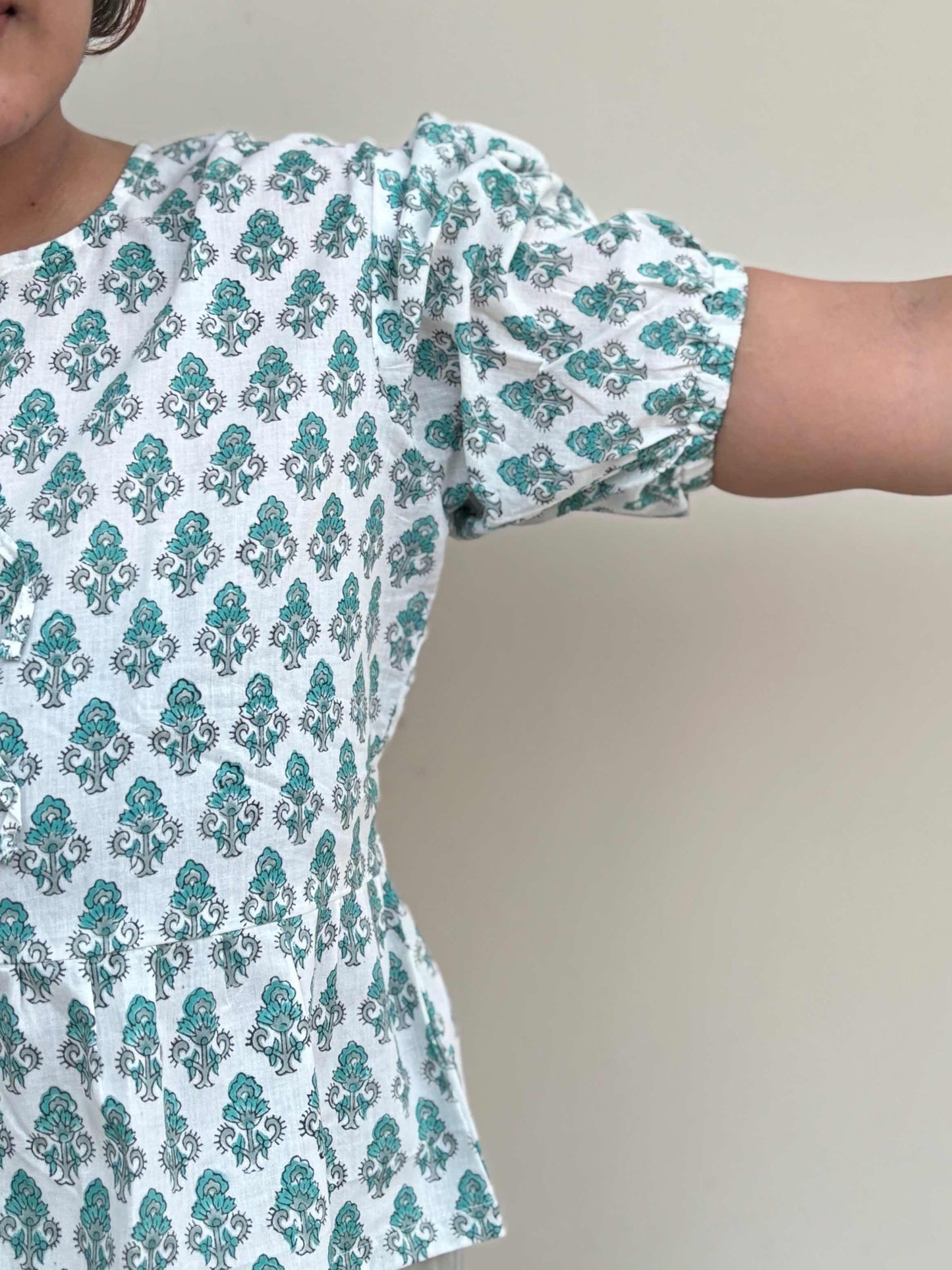 White Green Hand Block Printed Front Tie Top with Sleeves