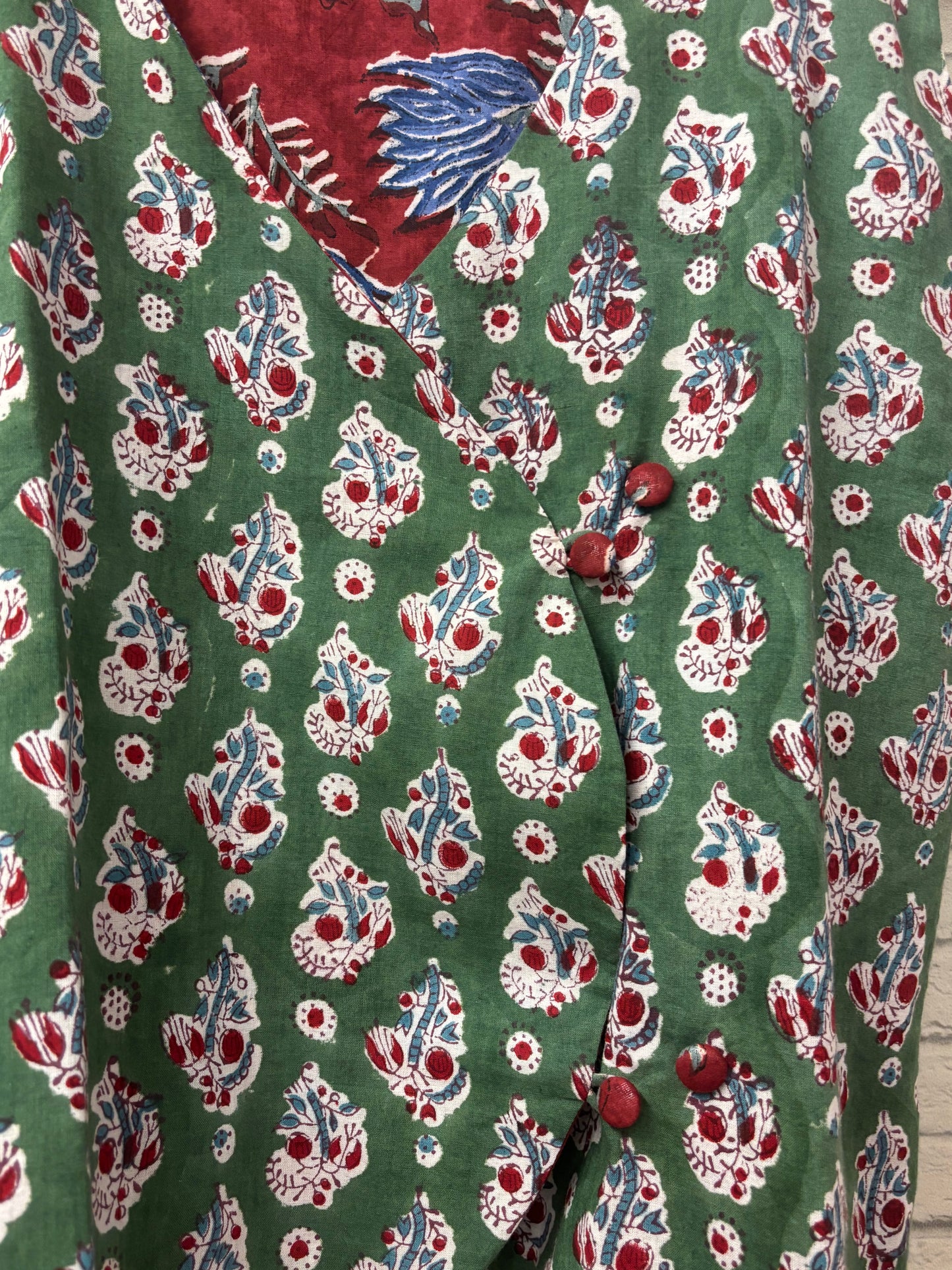 Red Green Hand Block Printed Reversible Waistcoat