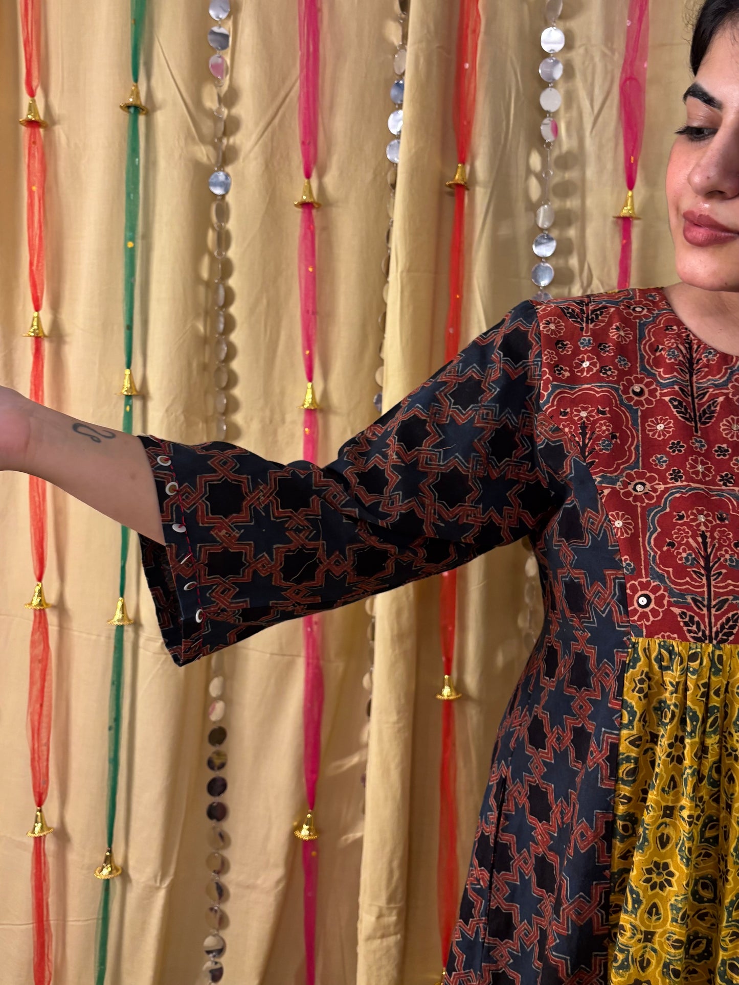 Saher Ajrakh Midi Dress with Hand Embroidery Detailing