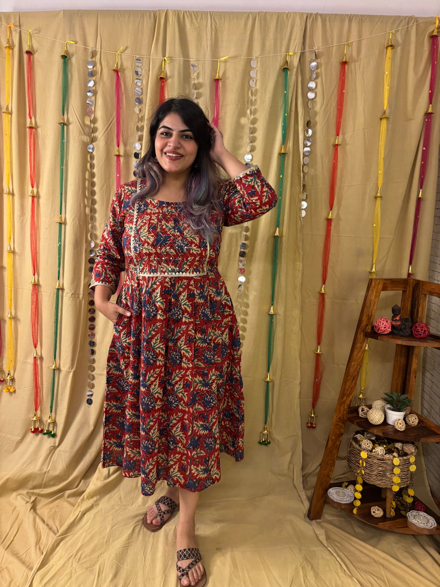Zareen Hand Block Printed Midi Dress with Embroidered Neckline & Gota Detailing