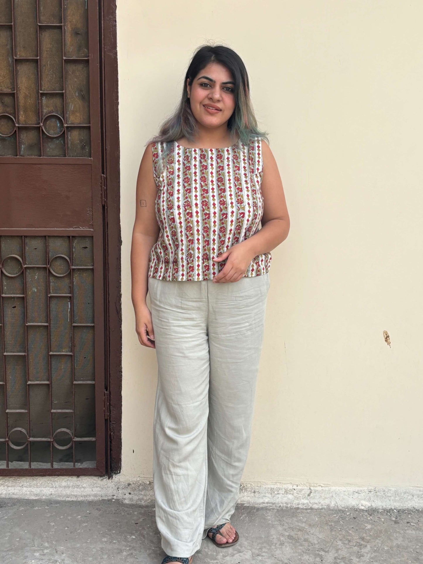 Green Red Hand Block Printed Sleeveless Crop Top