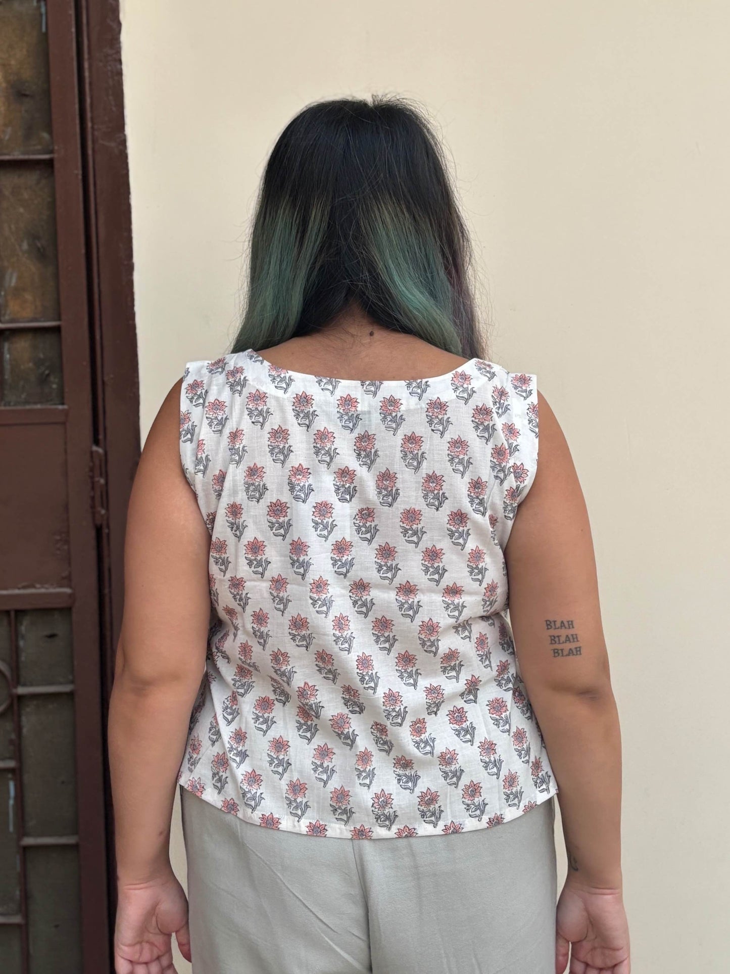White Peach Flowers Hand Block Printed Sleeveless Crop Top