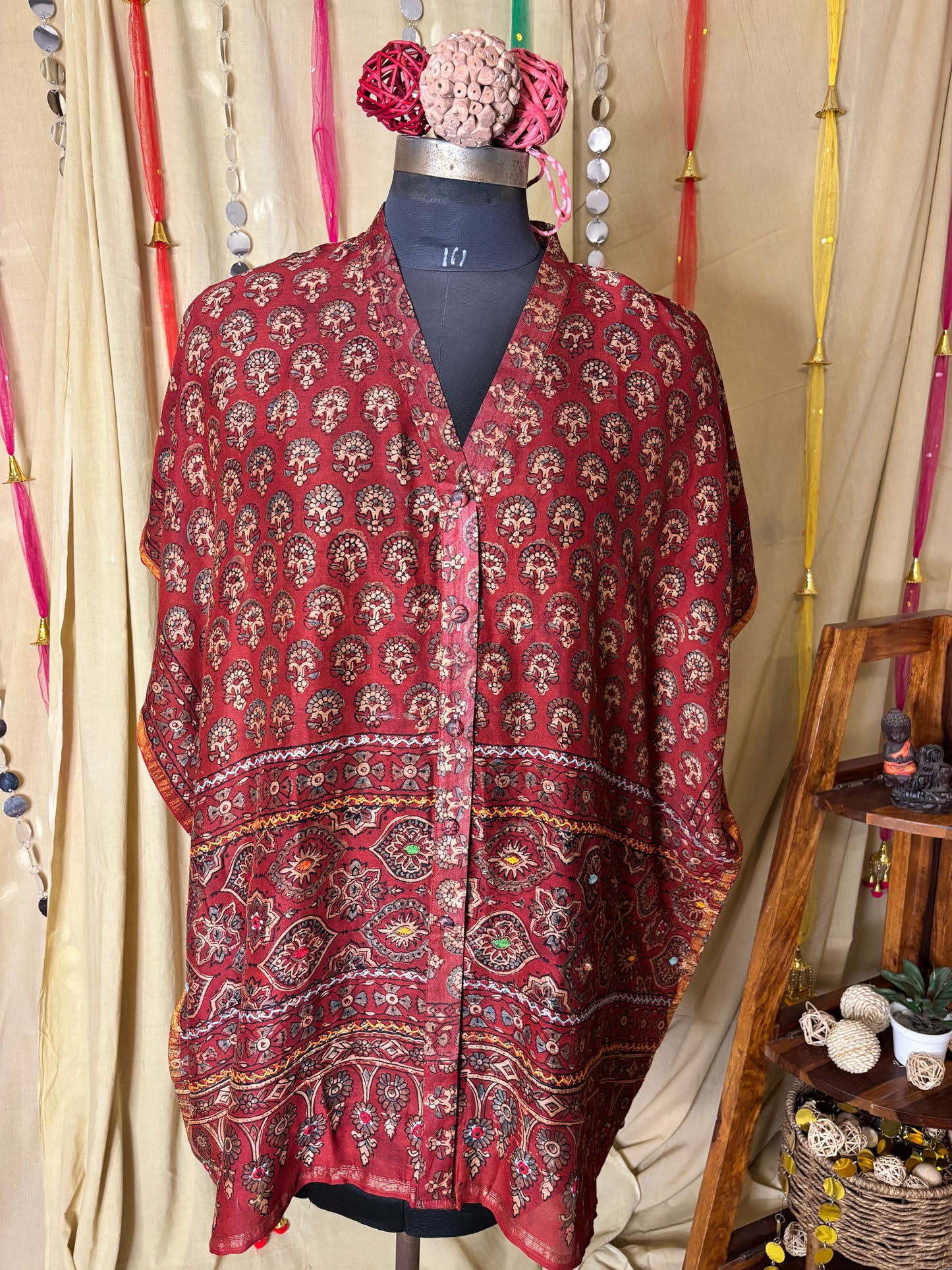 Red Ajrakh Chanderi Shirt Kaftan with Hand Embroidery