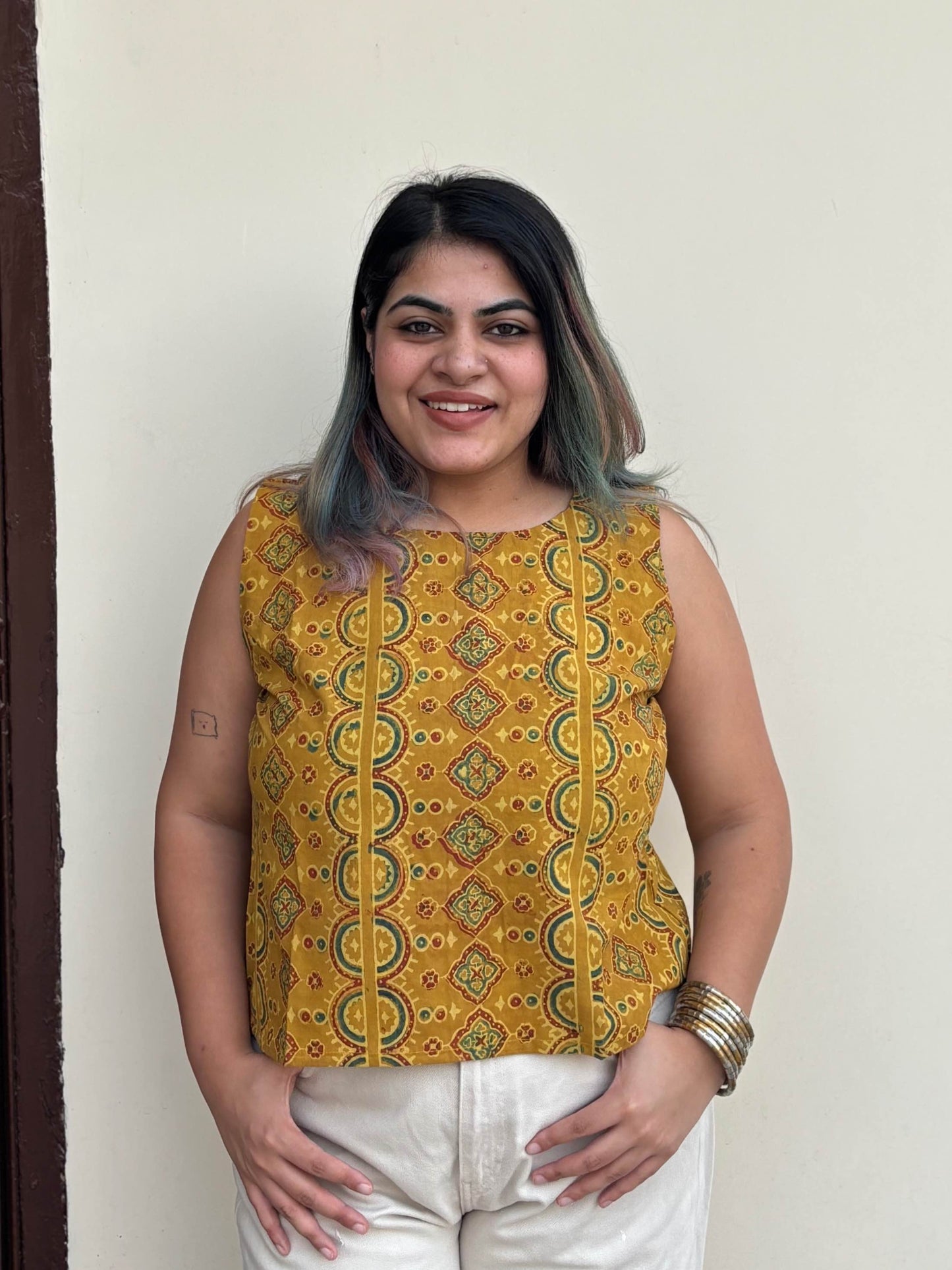 Yellow Ajrakh Hand Block Printed Sleeveless Crop Top
