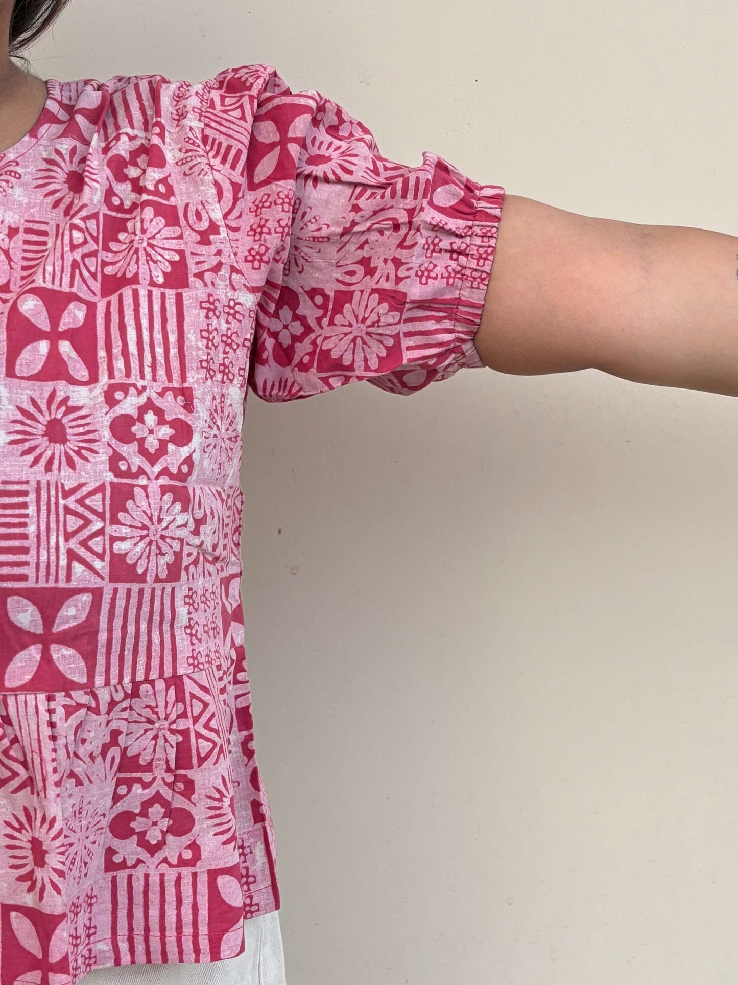 Pink Tiles Hand Block Printed Front Tie Top with Sleeves