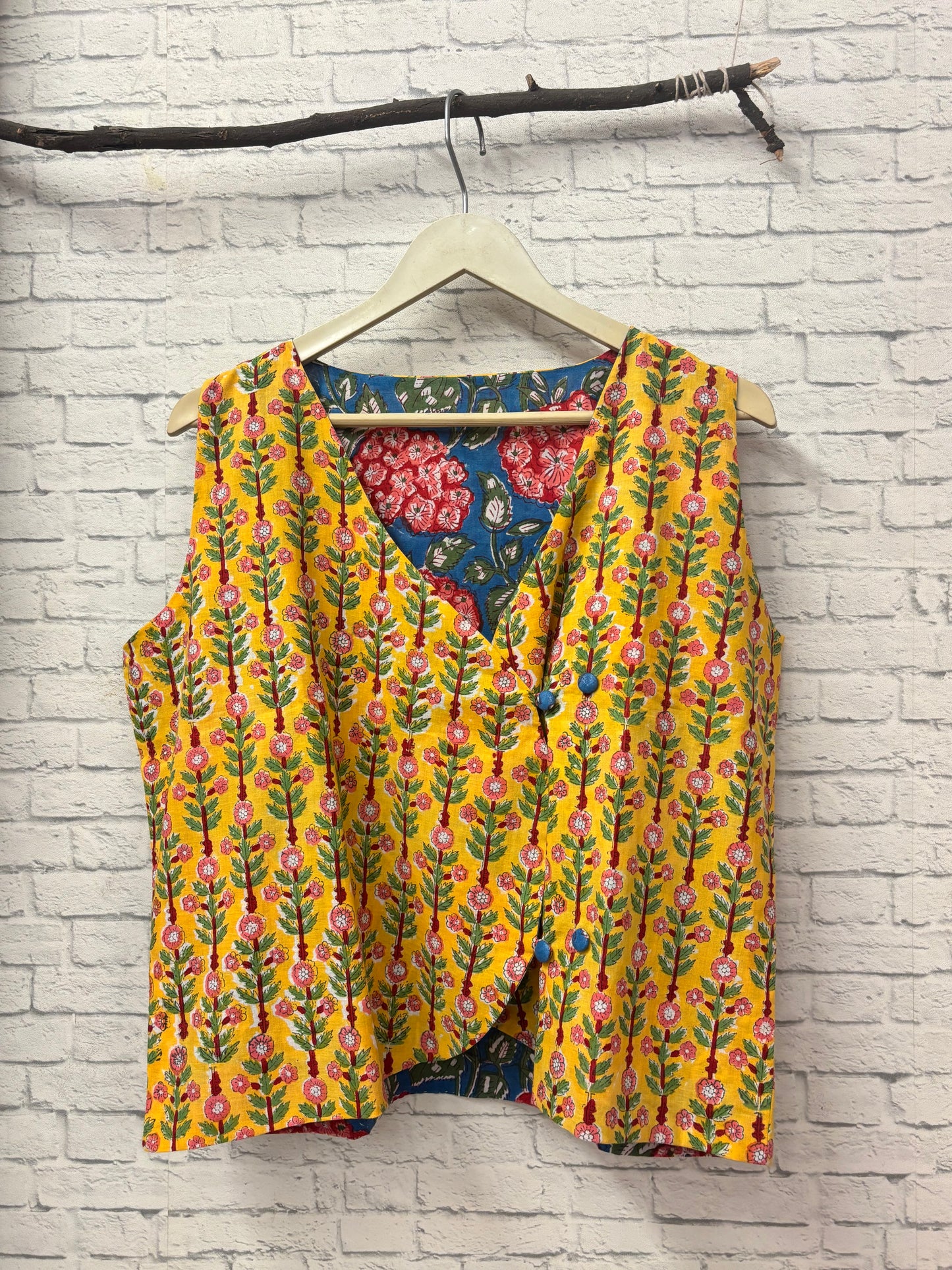 Yellow Blue Hand Block Printed Reversible Waistcoat